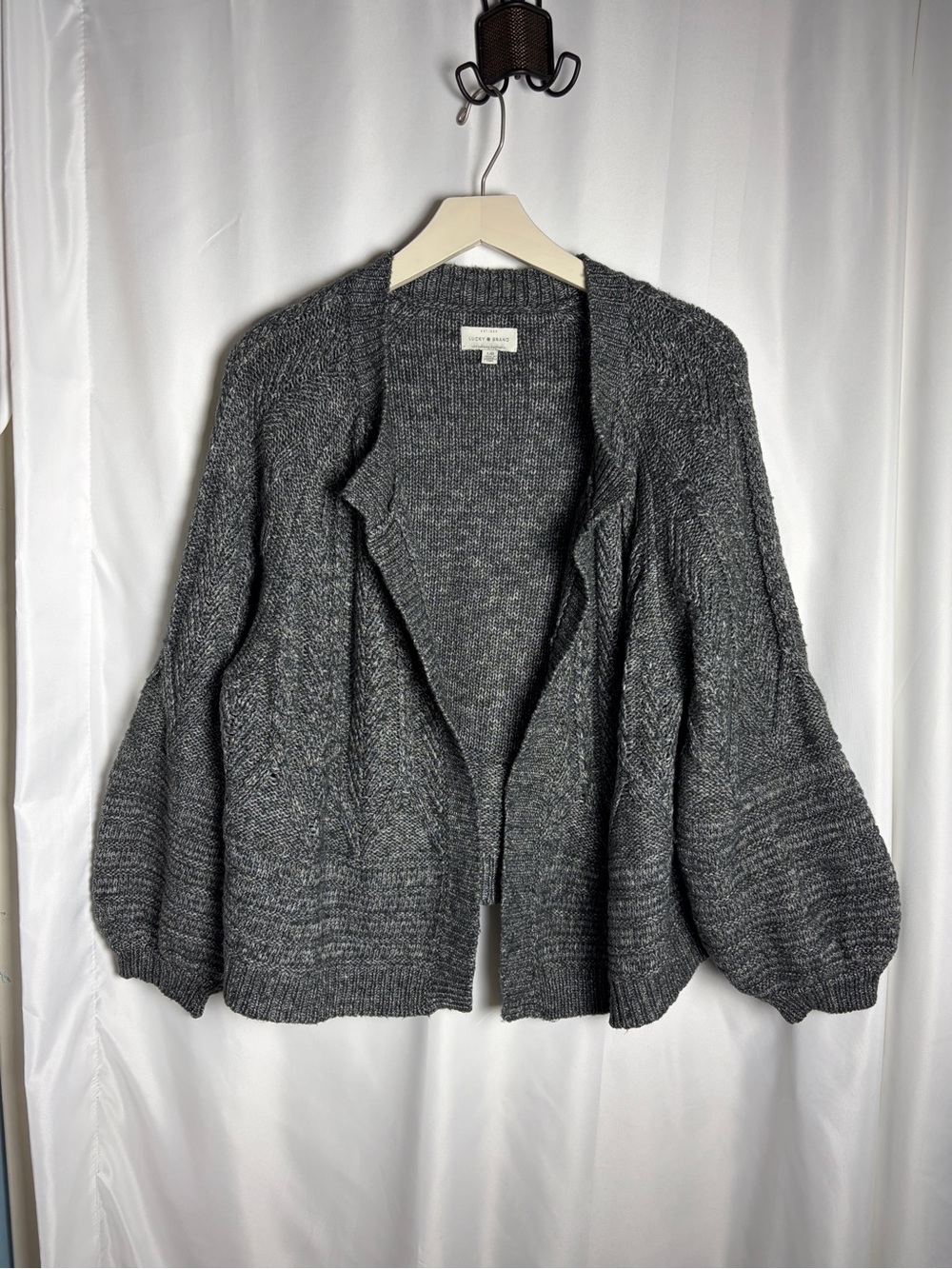 Lucky Brand Marled Cable Knit Open Front Sweater Cardigan Balloon Sleeve Large